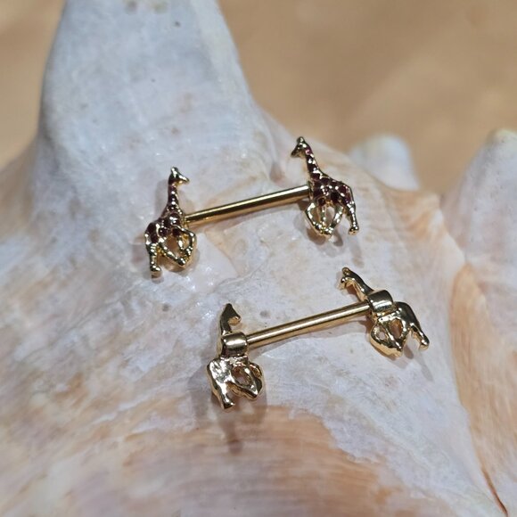 Pair of 14G gold plated giraffe ends nipple bars - externally threaded - Picture 4 of 6